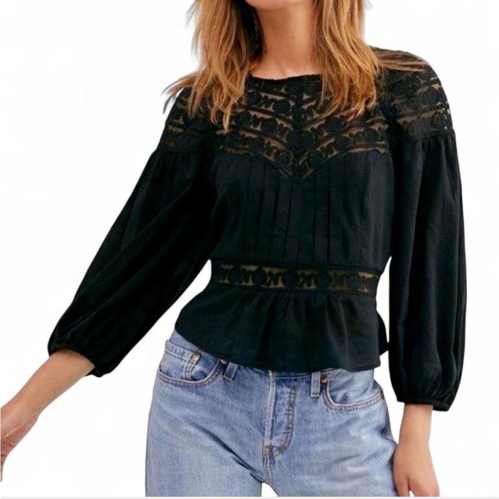 Free People black lace peplum blouse with bell sleeves